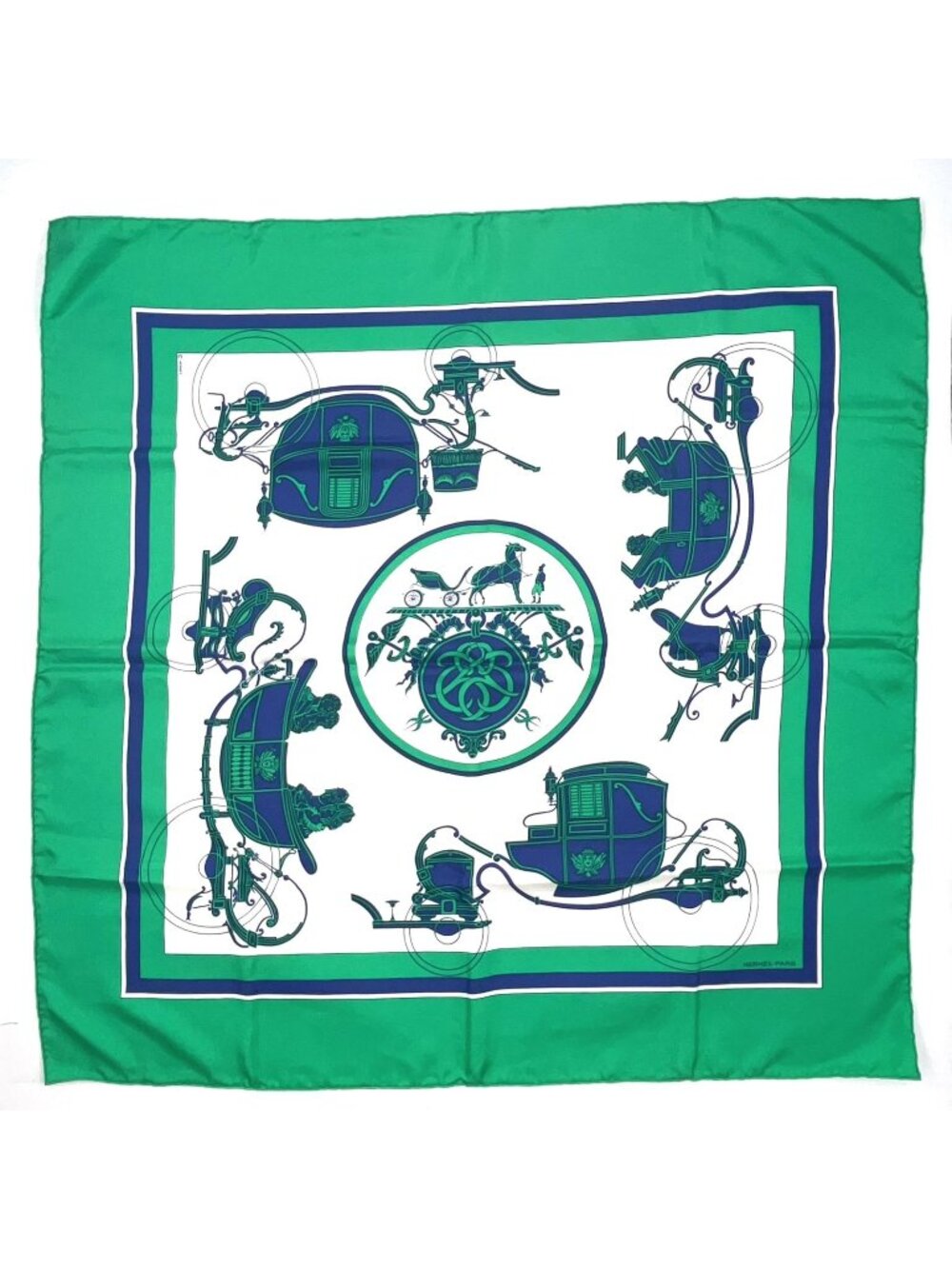 Hermes Ex-Libris Carre 90 Silk Green Blue White Scarf